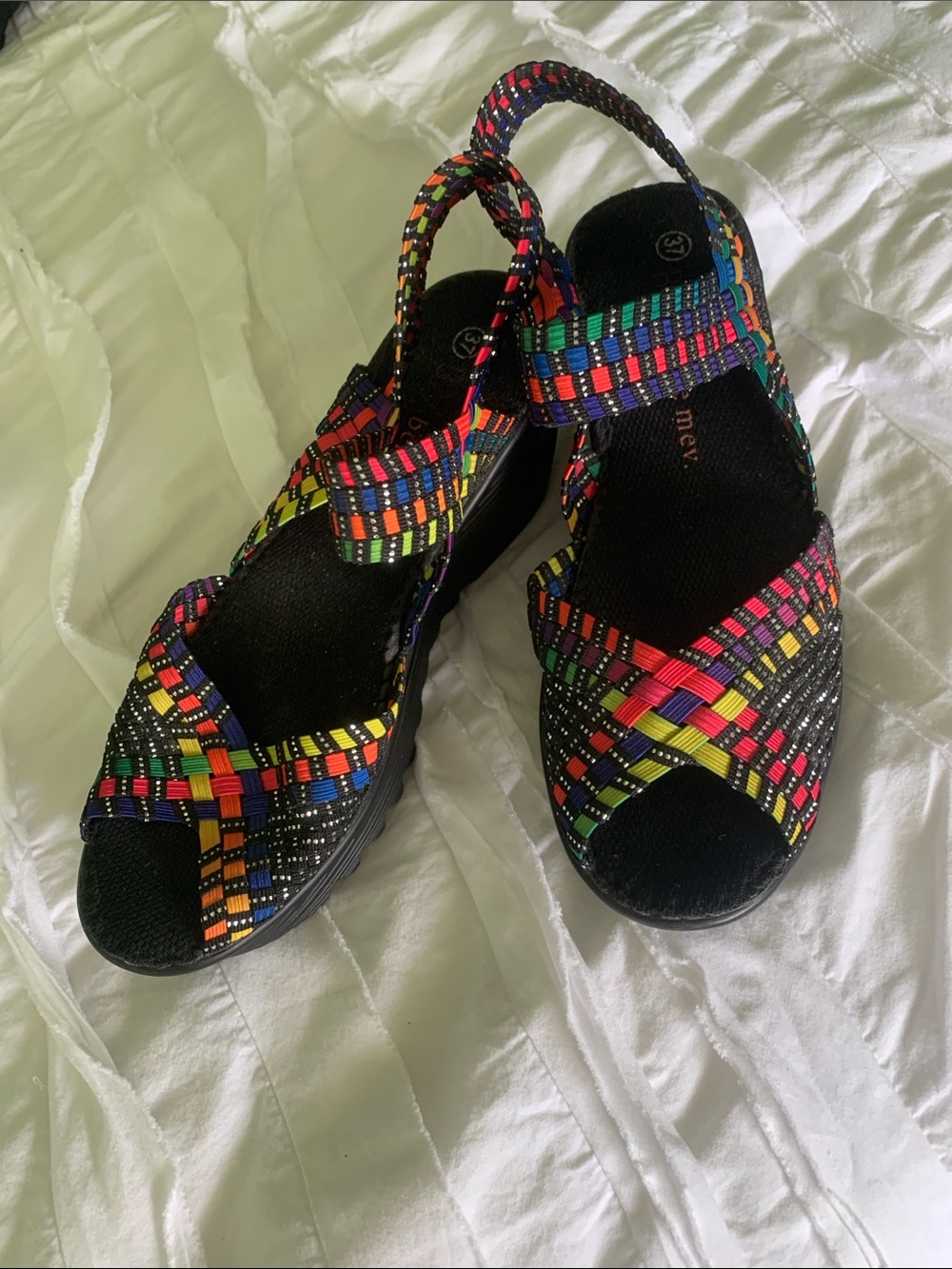 bernie mev. Multicolor Woven Elastic Strap Wedge Sandals with Black Sole